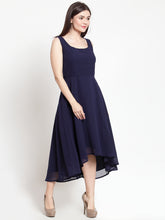 Load image into Gallery viewer, Queen ellie Women Navy Blue Solid High-Low Fit and Flare Dress