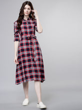Load image into Gallery viewer, Queen ellie Women Navy Blue Checked Shirt Dress