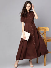 Load image into Gallery viewer, Queen ellie Women Coffee Brown Solid Shirt Maxi Dress