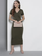 Load image into Gallery viewer, Queen ellie Women Olive Green Solid Wrap Dress