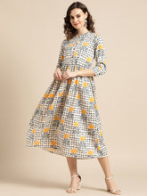 Load image into Gallery viewer, Queen ellie Women Beige & Navy Blue Printed A-Line Dress