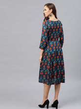 Load image into Gallery viewer, Queen ellie Women Teal Blue Printed Fit & Flare Dress
