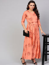 Load image into Gallery viewer, Queen ellie Women Peach-Coloured & Red Printed Maxi Dress