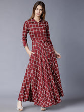 Load image into Gallery viewer, Queen ellie Burgundy Checked Flared Belted Shirt Maxi Dress