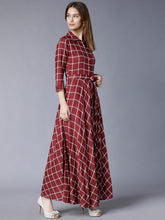 Load image into Gallery viewer, Queen ellie Burgundy Checked Flared Belted Shirt Maxi Dress