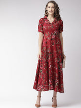 Load image into Gallery viewer, Queen ellie Maroon & Olive Green Floral Print Maxi Shirt Dress