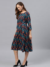 Load image into Gallery viewer, Queen ellie Women Teal Blue Printed Fit & Flare Dress