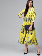 Load image into Gallery viewer, Queen ellie Women Green & Navy Floral Print A-Line Dress