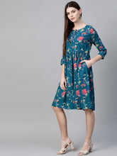Load image into Gallery viewer, Queen ellie Women Teal Blue & Coral Pink Floral Print A-Line Dress