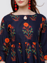Load image into Gallery viewer, Queen ellie Women Navy Blue Floral Printed Ethnic Maxi Dress