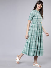 Load image into Gallery viewer, Queen ellie Women Green Checked Fit and Flare Dress