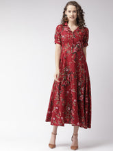 Load image into Gallery viewer, Queen ellie Maroon & Olive Green Floral Print Maxi Shirt Dress