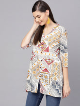 Load image into Gallery viewer, Queen ellie Women Off White & Mustard Yellow Printed Straight Kurti