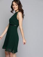 Load image into Gallery viewer, Queen ellie Women Green Solid Fit and Flare Dress