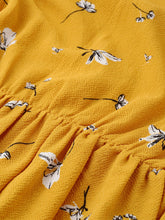 Load image into Gallery viewer, Queen ellie Women Mustard Yellow & White Floral Print Fit & Flare Dress With Tie-Up Sleeves