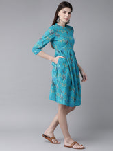 Load image into Gallery viewer, Queen ellie Women Blue & Green Printed A-Line Dress