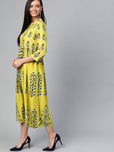 Load image into Gallery viewer, Queen ellie Women Green & Navy Floral Print A-Line Dress