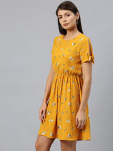 Load image into Gallery viewer, Queen ellie Women Mustard Yellow & White Floral Print Fit & Flare Dress With Tie-Up Sleeves