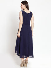 Load image into Gallery viewer, Queen ellie Women Navy Blue Solid High-Low Fit and Flare Dress