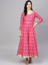 Load image into Gallery viewer, Queen ellie Women Pink & Mint Green Floral Printed Ethnic Maxi Dress