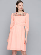 Load image into Gallery viewer, Queen ellie Women Embroidered Peach-Coloured Fit and Flare Dress