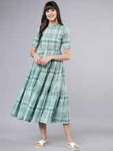Load image into Gallery viewer, Queen ellie Women Green Checked Fit and Flare Dress