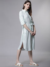 Load image into Gallery viewer, Queen ellie Women Green & White Striped Shirt Dress