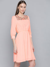 Load image into Gallery viewer, Queen ellie Women Embroidered Peach-Coloured Fit and Flare Dress