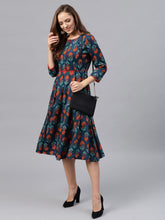 Load image into Gallery viewer, Queen ellie Women Teal Blue Printed Fit & Flare Dress