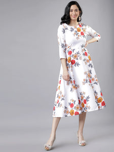 Queen ellie Women Off-White & Pink Floral Print Fit and Flare Dress