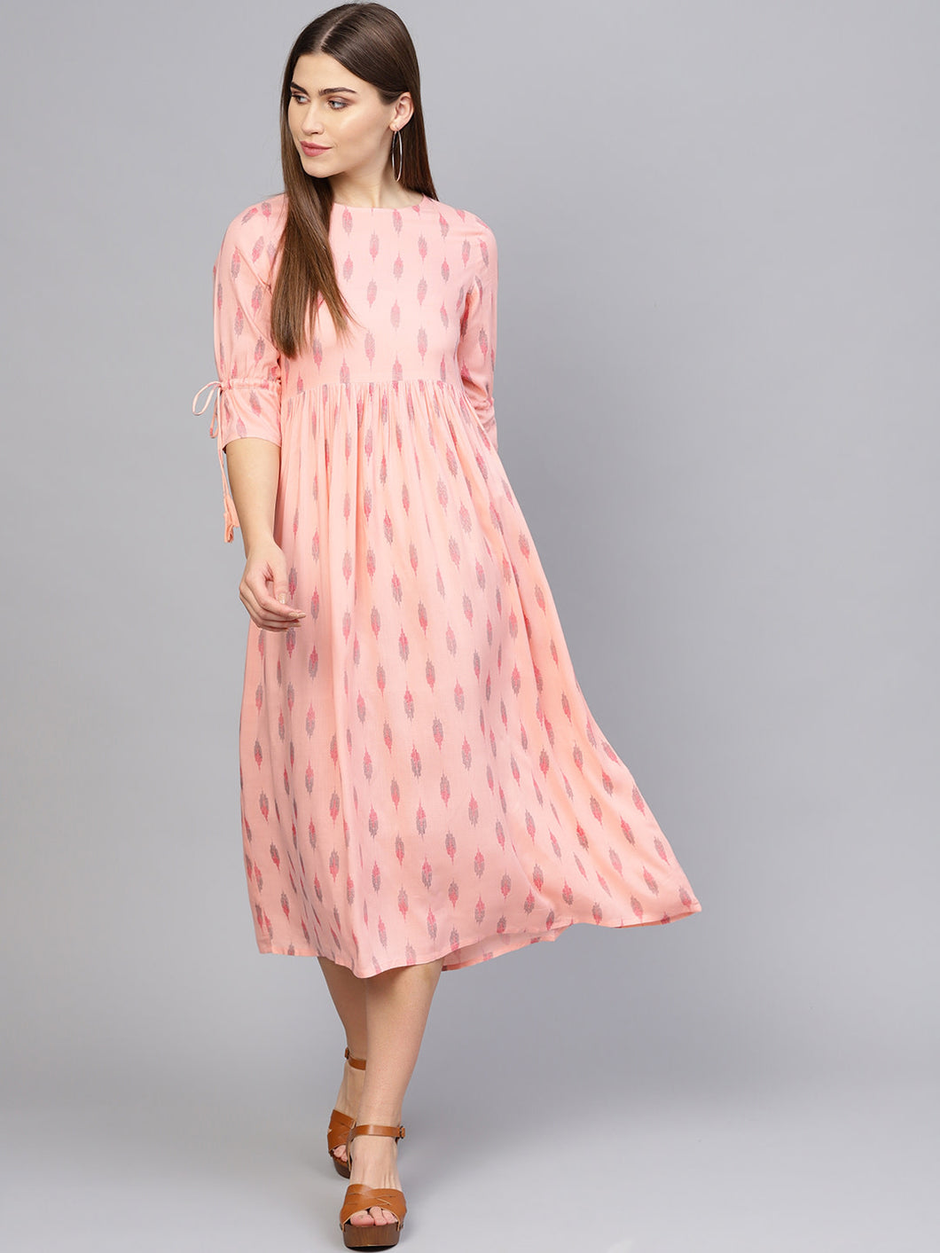 Queen ellie Women Peach-Coloured Printed A-Line Dress