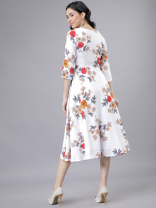 Queen ellie Women Off-White & Pink Floral Print Fit and Flare Dress