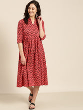 Load image into Gallery viewer, Queen ellie Women Coral Red &amp; Black Printed Empire Dress
