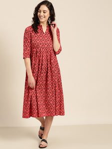 Queen ellie Women Coral Red & Black Printed Empire Dress