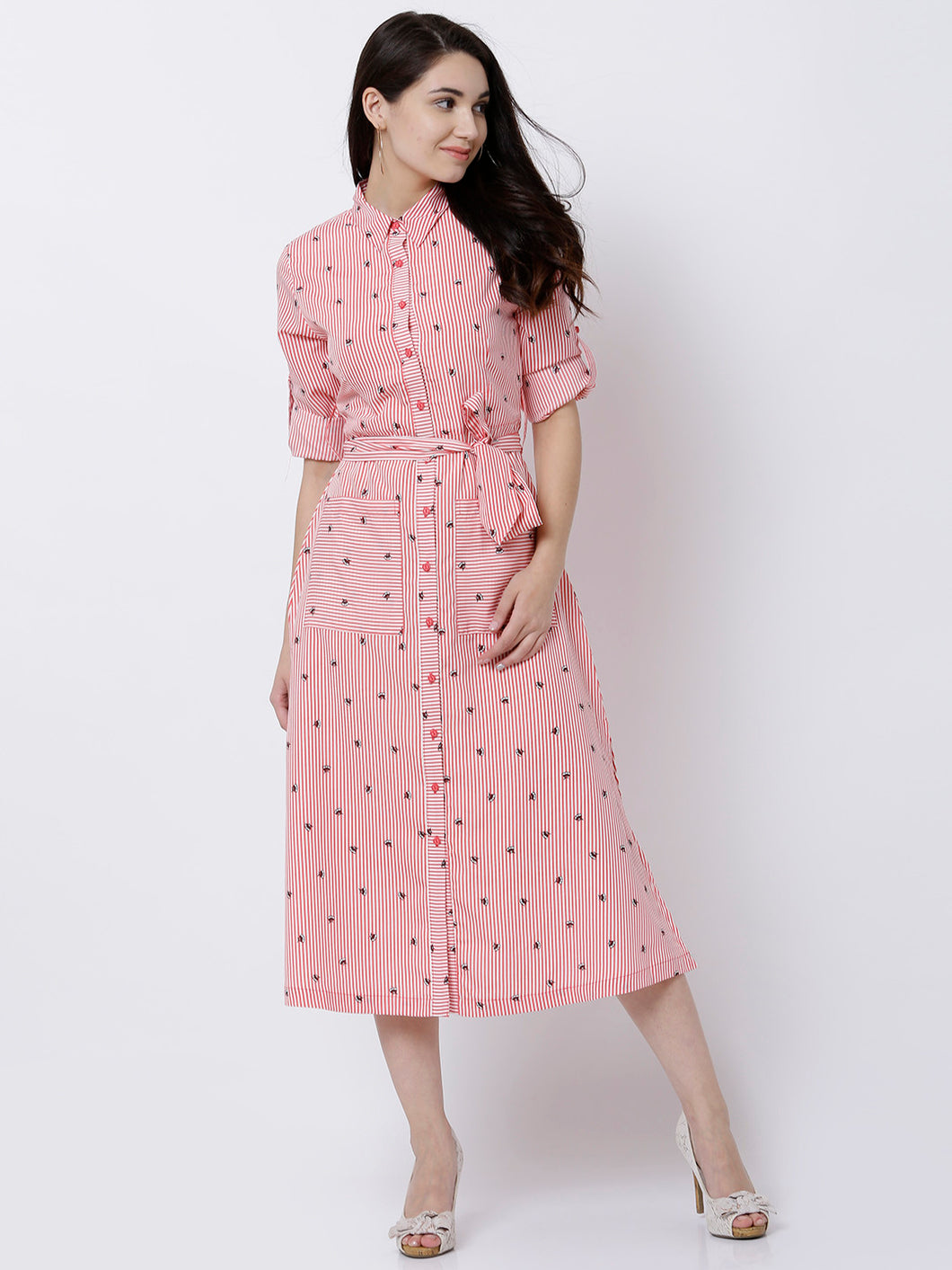 Queen ellie Women Coral Striped Shirt Dress