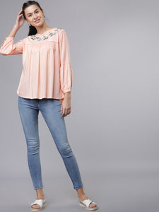 Queen ellie Women Peach-Coloured Embroidered A-Line Top
