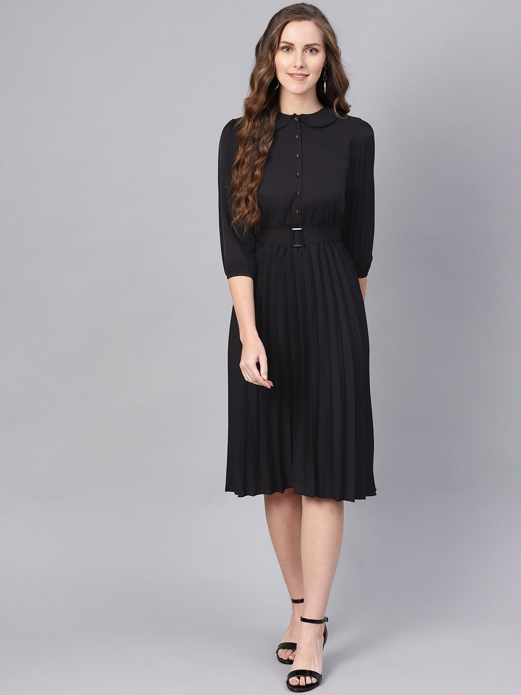 Queen ellie Women Black Solid Accordian Pleats A-Line Dress