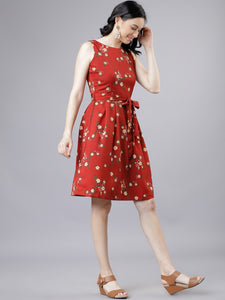 Queen ellie Women Rust Red Floral Printed Dress