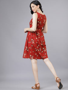 Queen ellie Women Rust Red Floral Printed Dress