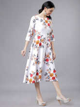 Load image into Gallery viewer, Queen ellie Women Off-White &amp; Pink Floral Print Fit and Flare Dress
