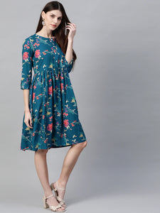 Queen ellie Women Teal Blue & Coral Pink Floral Print A-Line Dress
