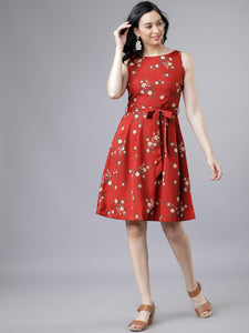 Queen ellie Women Rust Red Floral Printed Dress