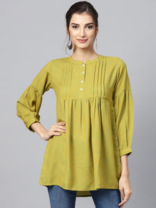 Queen Ellie Women Green Woven Design A-Line Kurti