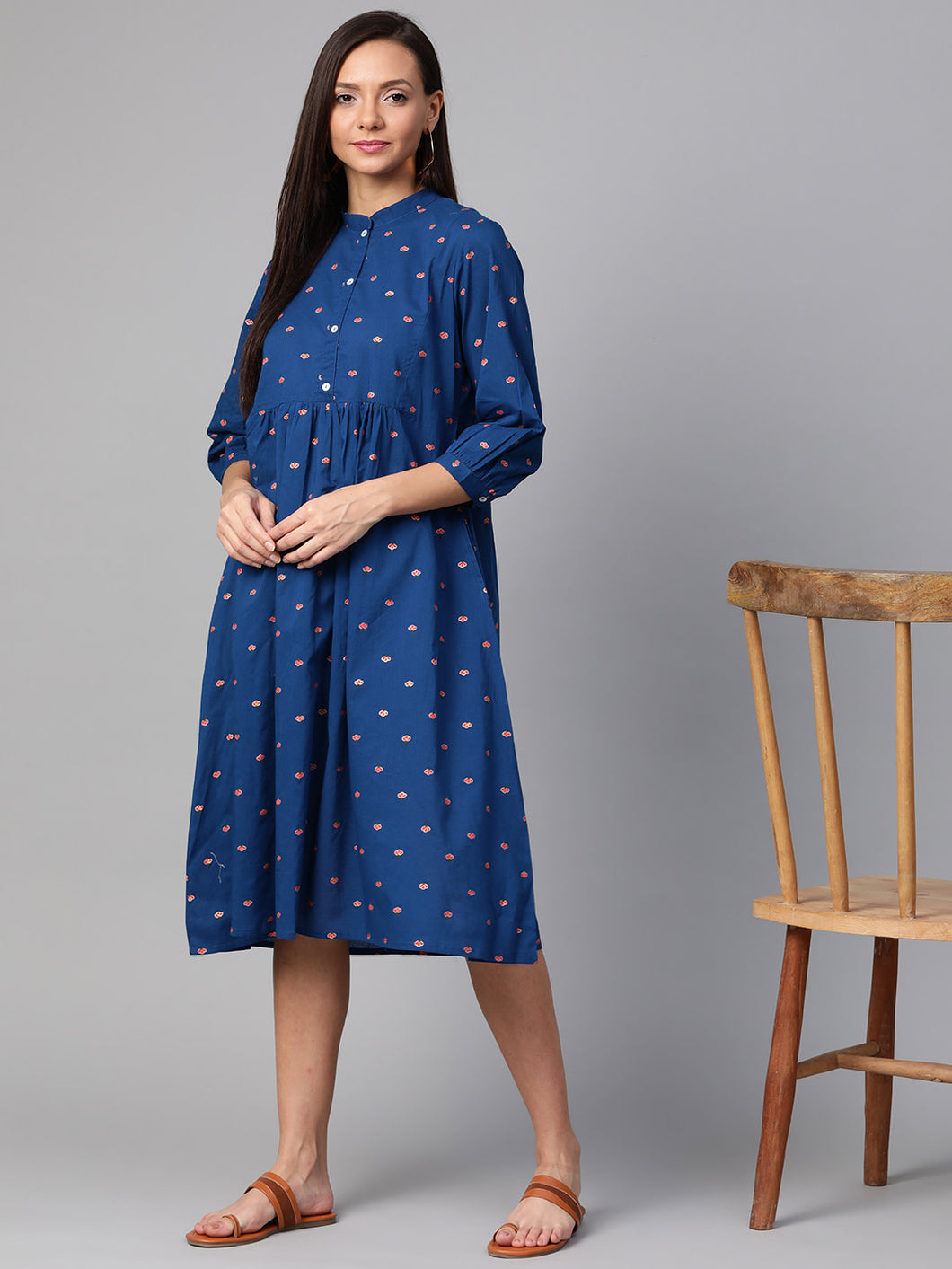 Queen ellie Women Navy Blue & Coral Pink Printed A-Line Dress