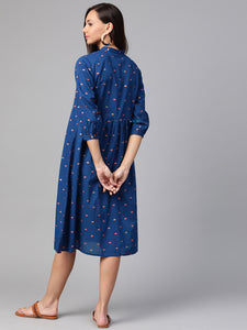Queen ellie Women Navy Blue & Coral Pink Printed A-Line Dress