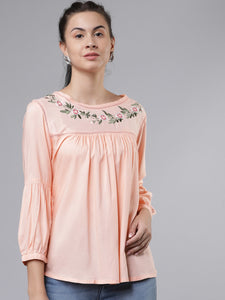 Queen ellie Women Peach-Coloured Embroidered A-Line Top