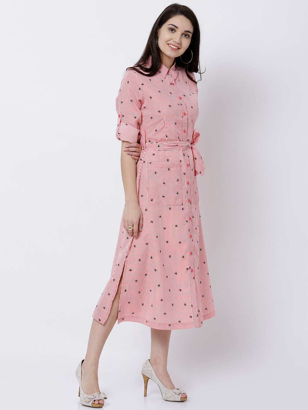 Queen ellie Women Coral Striped Shirt Dress