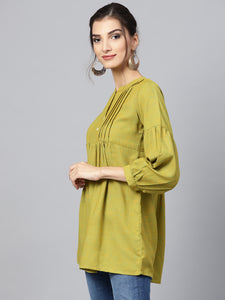 Queen Ellie Women Green Woven Design A-Line Kurti