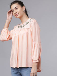 Queen ellie Women Peach-Coloured Embroidered A-Line Top