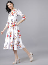 Load image into Gallery viewer, Queen ellie Women Off-White &amp; Pink Floral Print Fit and Flare Dress
